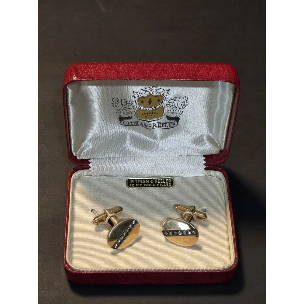 Vintage Pitman & Keeler 12K Gold Filled Rhinestone Cufflinks Set In Original Box